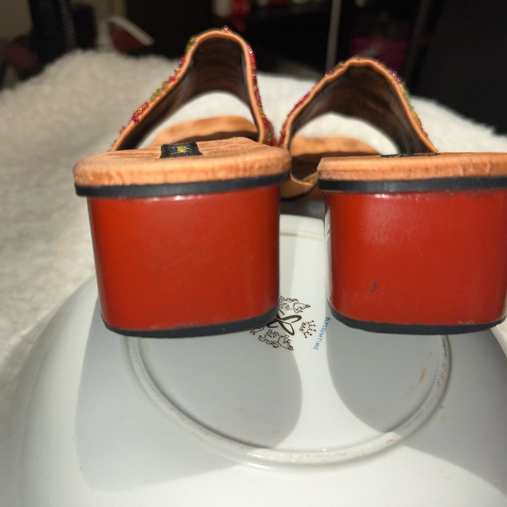 Beaded Silk Slide Sandals Size 10 Made in India Floral Boho Wooden Heel Resort - Picture 5 of 8